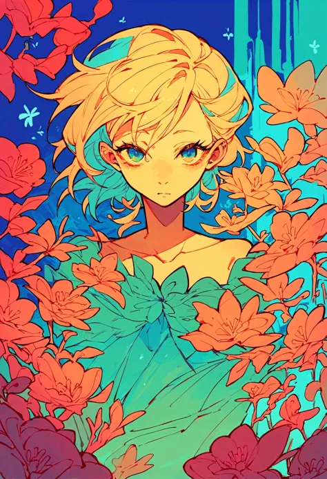 a girl with blonde hair and blue eyes surrounded by flowers