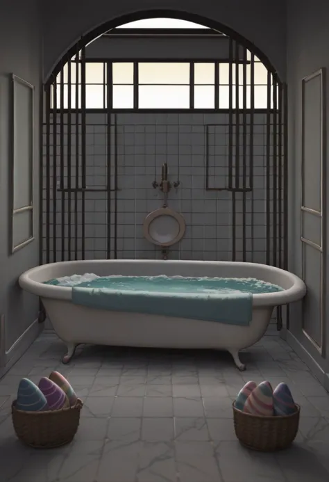 slpxlz, no humans, scenery, indoors, door, water, window, bathroom, footed bathtub, victorian decor, dynamic lighting, cinematic lighting, gradient overlay, ultra sharp, extremely detailed, absurdres, bubbling easter eggs surfacing from the bathtub, pastel theme, score_9, score_8_up, score_7_up, score_6_up