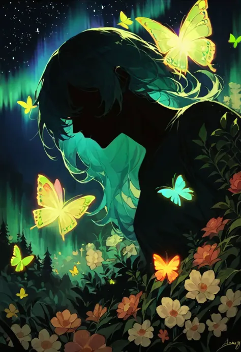 score_9, score_8_up, score_7_up, masterpiece, high quality, abstract, 1girl, centered, side view, black silhouette of a girl, (long flowy hair), flowy skirt, green forest background, ((dynamic pose)), ((flowers)), ((glowing butterflies)), night time, dark theme, starry sky, glowing hair, cinematic, vivid colors, pink, purple,  ((saturated neon colors)), perfect hands, anzhcdreamwave, aesthetic, Perfect Hands, ((aurora borealis))