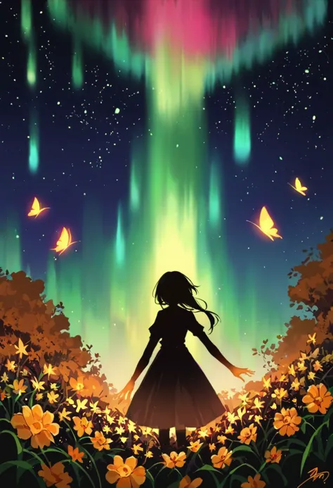 a girl standing in a field of flowers under the aurora lights