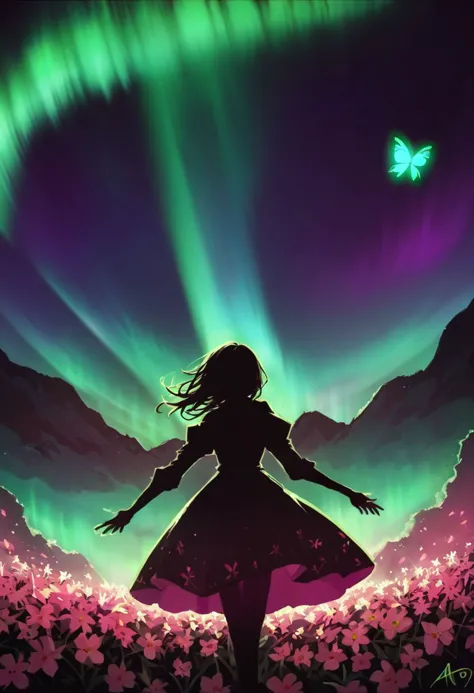 a girl in a dress standing in a field of flowers under an aurora light