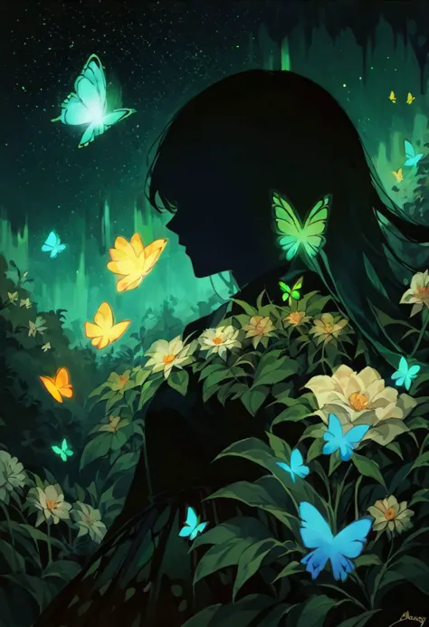 score_9, score_8_up, score_7_up, masterpiece, high quality, abstract, 1girl, centered, side view, black silhouette of a girl, (long flowy hair), flowy skirt, green forest background, ((dynamic pose)), ((flowers)), ((glowing butterflies)), night time, dark theme, starry sky, glowing hair, cinematic, vivid colors, ((saturated neon colors)), perfect hands, anzhcdreamwave, aesthetic, Perfect Hands, aurora borealis