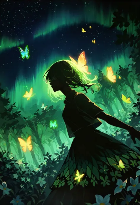 a girl in a dress is walking through a forest with butterflies