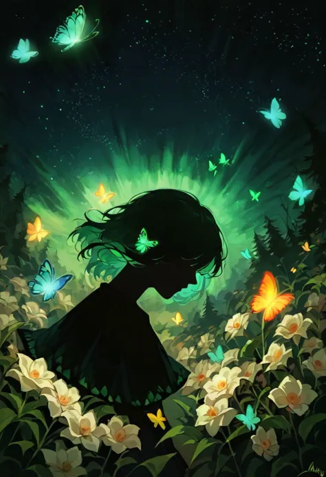 a girl in a field of flowers with butterflies flying around her