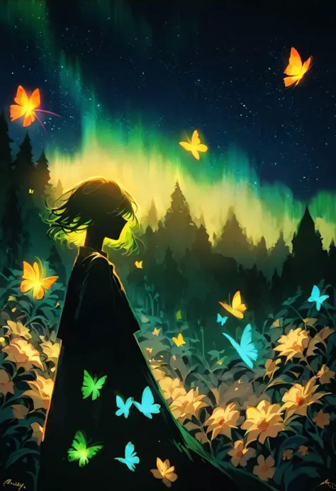 score_9, score_8_up, score_7_up, masterpiece, high quality, abstract, 1girl, centered, side view, black silhouette of a girl, (long flowy hair), flowy skirt, green forest background, ((dynamic pose)), ((flowers)), ((glowing butterflies)), night time, dark theme, starry sky, glowing hair, cinematic, vivid colors, pink, purple,  ((saturated neon colors)), perfect hands, anzhcdreamwave, aesthetic, Perfect Hands, ((aurora borealis))