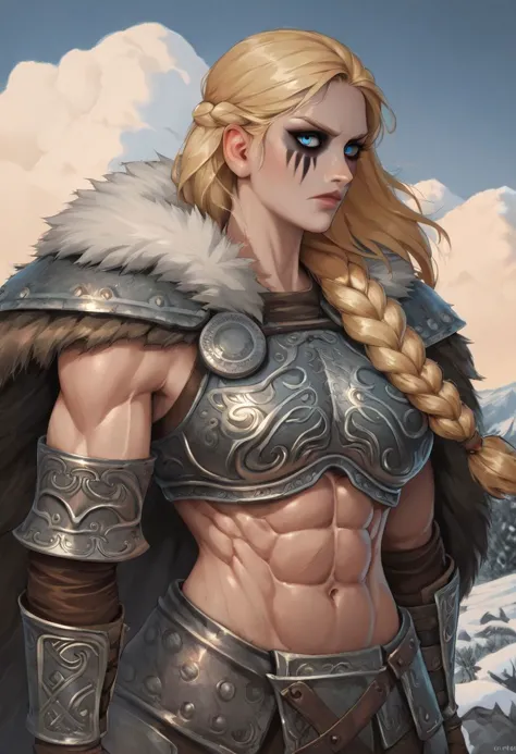 a woman with long blonde hair and a sword in a snowy landscape