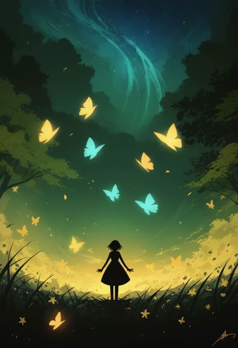 a girl standing in the grass with butterflies flying around her