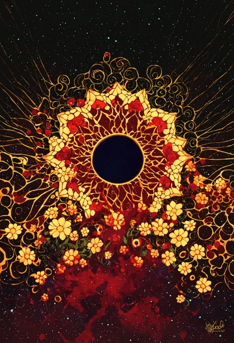 a close up of a painting of a flower with a black hole in the center