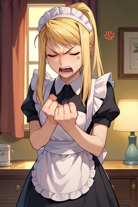 score_9, score_8_up, score_7_up, score_6_up, source_anime BREAK 1girl, solo  <lora:winry-pdxl-nvwls-v1-000006:1> winry rockbell, blonde hair, earrings, ponytail, maid headdress, closed eyes, angry, open mouth, maid dress, white apron, bedroom, clenched hand, anger vein