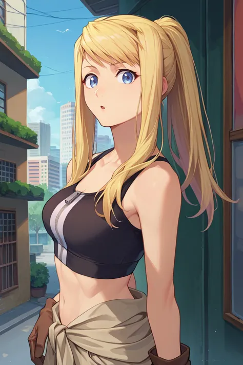 score_9, score_8_up, score_7_up, score_6_up, source_anime BREAK 1girl,  <lora:winry-pdxl-nvwls-v1-000006:1> winry rockbell, ponytail, black and white striped sports bra, zipper, clothes around waist, beige pants, brown gloves, looking at you, chestnut mouth, from side, city