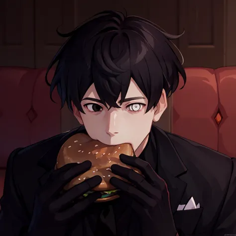 anime guy eating a hamburger in a restaurant with a red chair