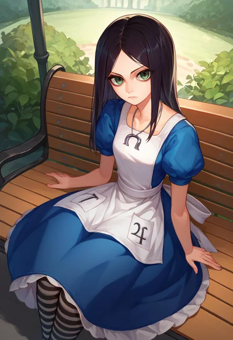 score_9, score_8_up, score_7_up, solo, 1girl, mcgeealice, expressionless, looking at viewer, sitting, park bench, blue dress, puffy short sleeves, white apron, striped pantyhose, necklace, outdoors <lora:americanmcgee_alice_ponyXL:1>