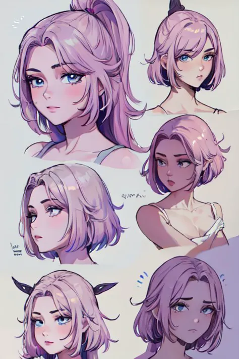 a bunch of different pictures of a woman with purple hair