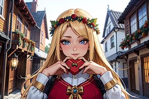Person/Subject: Young girl weaving a wreath for a man, a gift, gives a wreath, blonde hair, blue eyes, ((wreath)),((traditional Slavic clothes))), red blue white colors, ((valentine's day)).
Style: (((shexyo, cutesexyrobutts, concept art, stephanie_law_style, flagmaker)))). Background: (((nature, village, holiday, valentine's day)))).
Quality: Dynamic light, ultra-detailed, extremely detailed CG, micro-intricate (best quality:1.2), ((high resolution:1.5))), (masterpiece: 1.3), sharp focus, (8K resolution:1.1), intricate detail, hyper-detailed, Highlight and shadow, volumetric lighting, highly detailed background, (((Highly detailed skin, highly detailed face, highly detailed pupils, highly detailed iris: 1.5))).
