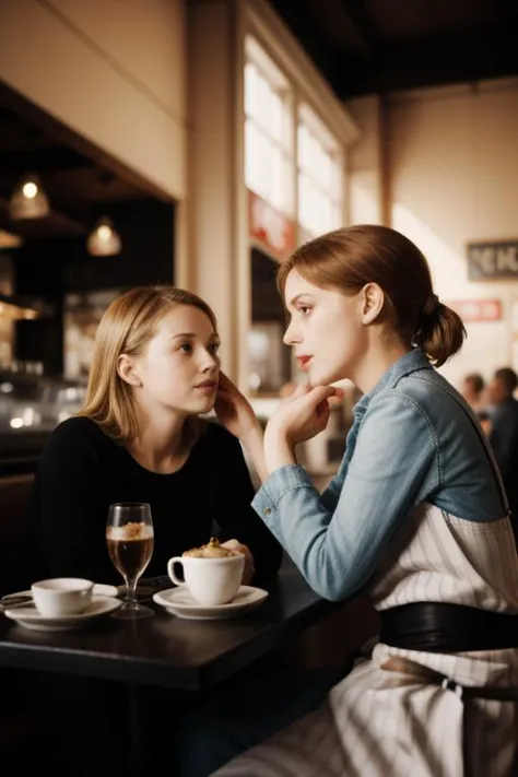 2girls in cafe, talking