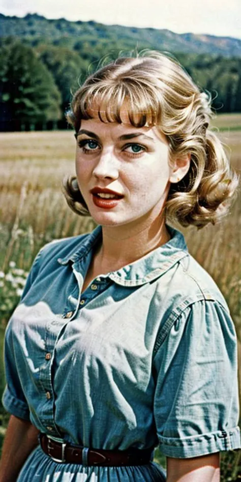 (((Ultra-HD-realistic-quality-details, first-person-pov))) 1girl, hillbilly, america-1960-era, getting-photographed-by-viewer, old-vintage-movie-scene, outdoors, cinematic