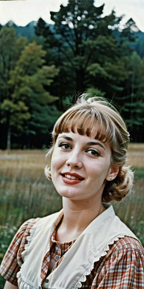 (((Ultra-HD-realistic-quality-details, first-person-pov))) 1girl, hillbilly, america-1960-era, getting-photographed-by-viewer, old-vintage-movie-scene, outdoors, cinematic