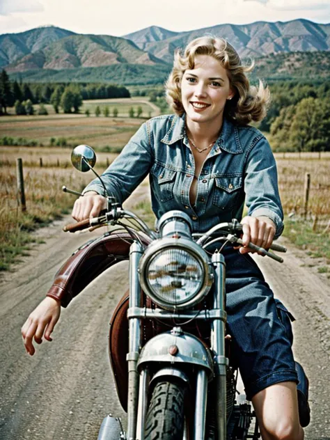 (((Ultra-HD-realistic-quality-details, first-person-pov))) 1girl, hillbilly, america-1960-era, riding-an-old-motorcycle, old-vintage-movie-scene, outdoors, cinematic