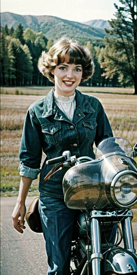 (((Ultra-HD-realistic-quality-details, first-person-pov))) 1girl, hillbilly, america-1960-era, riding-an-old-motorcycle, old-vintage-movie-scene, outdoors, cinematic