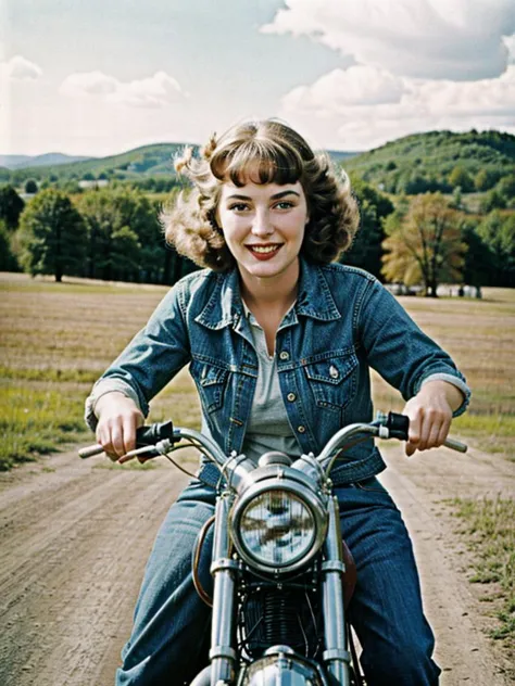 (((Ultra-HD-realistic-quality-details, first-person-pov))) 1girl, hillbilly, america-1960-era, riding-an-old-motorcycle, old-vintage-movie-scene, outdoors, cinematic