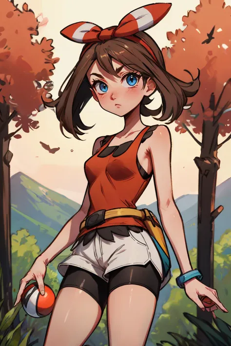 pkmnmay, yeux bleus, cheveux bruns, ruban à cheveux, bandeau cheveux rouge,débardeur rouge, shorts blancs, Short cycliste noir, short de vélo sous un short, Bracelet, regarder le spectateur, sérieux, debout, tenir une poke ball, dehors, montagne, des arbres, crépuscule, coucher de soleil, Haute qualité, chef-d&#39;œuvre,
