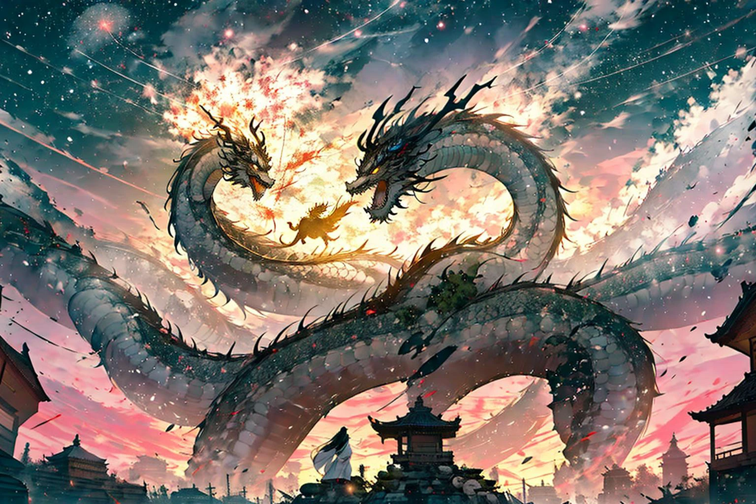Dragão chinês, Dragão Celestial voando pelo céu, Festival, (fogos de artifício:1.5), ano Novo Chinês, Lanternas chinesas, obra de arte,  uau_estilo,  garota dragão dragão chinês dragão chinês 