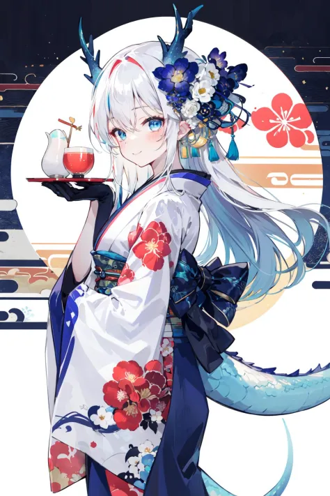 -dragon girl, 1girl, solo, tail, kimono, horns, blue eyes, japanese clothes, gloves, floral print, dragon girl, long hair, white...