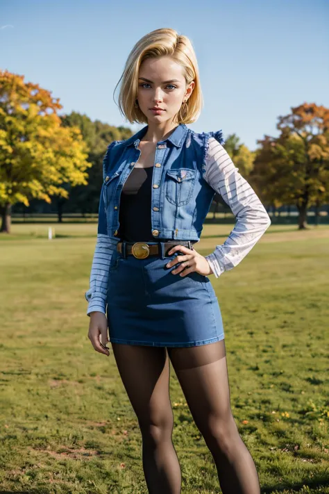 android 18, blue eyes, short blonde hair, earrings, denim skirt, black shirt, long striped sleeves, brown belt, black pantyhose, denim vest,  looking at viewer, serious, standing, outside, park, field, grass, winter, blue sky, high quality, masterpiece, <lora:DBZ_Android18_v1:.9>