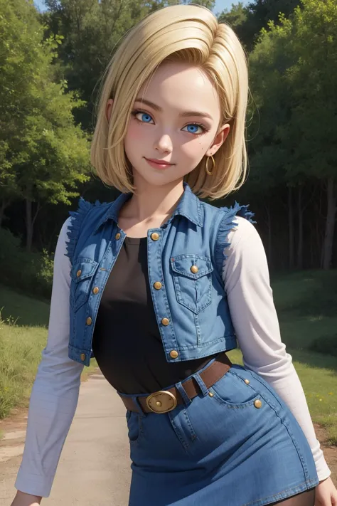 android 18, 1girl, solo, blue eyes, short hair, blonde hair, earrings,
denim skirt, blue skirt, pencil skirt, black shirt, long sleeves, striped sleeves, brown belt, black pantyhose, denim vest, blue vest,
smile,closed mouth,cowboy shot,
forest,outdoor,
(insanely detailed, beautiful detailed face, masterpiece, best quality) cinematic lighting,<lora:DBZ_Android18_v1:1>, <lora:more_details:0.3>,