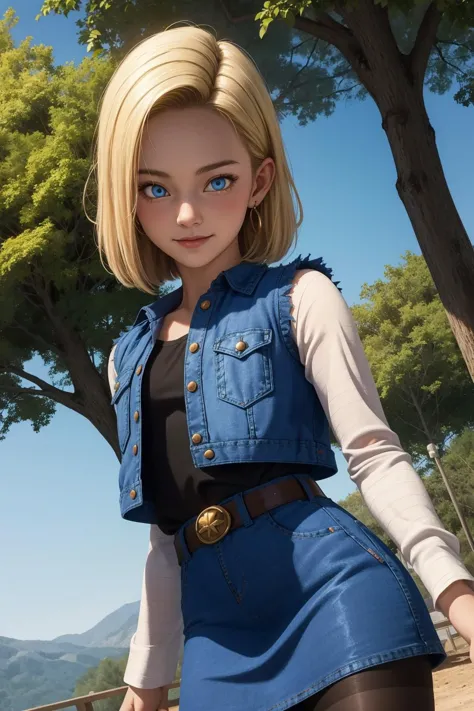 android 18, 1 Mädchen, Allein, blaue Augen, Kurzes Haar, Blondes Haar, Ohrringe,
Jeansrock, blauer Rock, Bleistiftrock, schwarzes Shirt, lange Ärmel, Gestreifte Ärmel, brauner Gürtel, schwarze Strumpfhose, Jeanskleid, blaue Weste,
lächeln,geschlossener Mund,Cowboy-Schuss,
Wald,draussen,
(wahnsinnig detailliert, schönes detailliertes Gesicht, Meisterwerk, beste Qualität) filmische Beleuchtung,