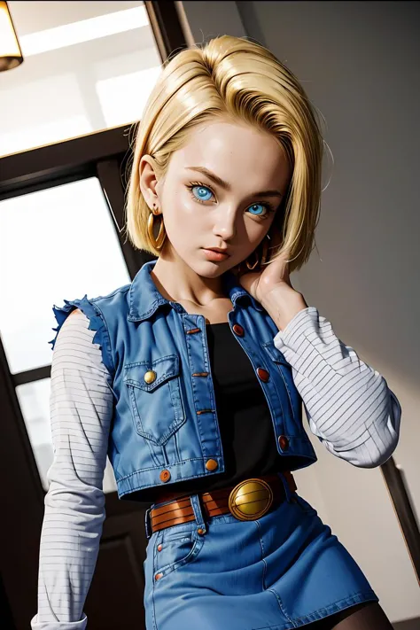 (masterpiece, best quality), 1girl,  android 18, 1girl, solo, blue eyes, short hair, blonde hair, earrings, || denim skirt, blue skirt, pencil skirt, black shirt, long sleeves, striped sleeves, brown belt, black pantyhose, denim vest, blue vest,