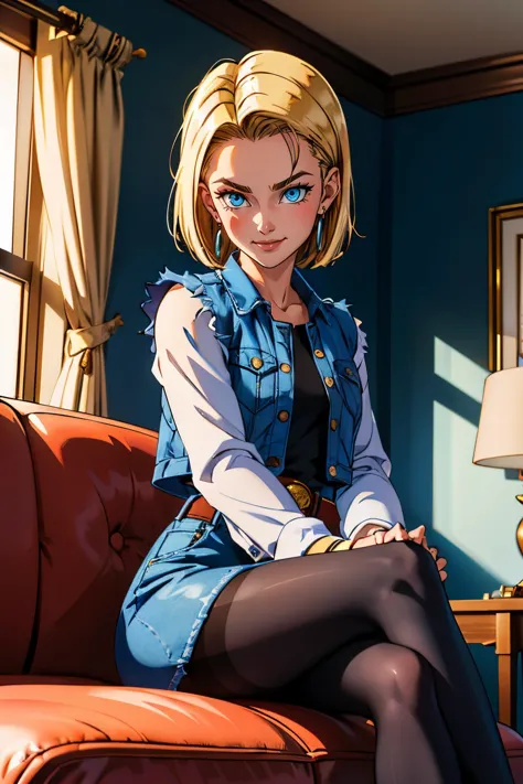 anime girl sitting on a couch in a blue room