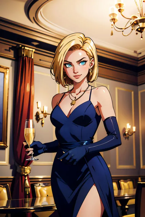 androïde 18, yeux bleus, cheveux blonds courts, des boucles d&#39;oreilles, robe de cocktail noire, collier, Longue robe, gants de coude, regarder le spectateur, sérieux, souriant, debout, tenant une coupe de champagne, à l&#39;intérieur d&#39;une salle de bal chic, foule, lustre, Haute qualité, chef-d&#39;œuvre, 