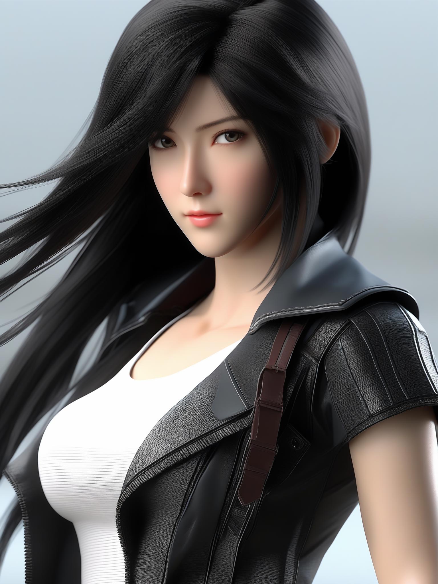 A close up of a woman with long black hair wearing a leather jacket -  SeaArt AI