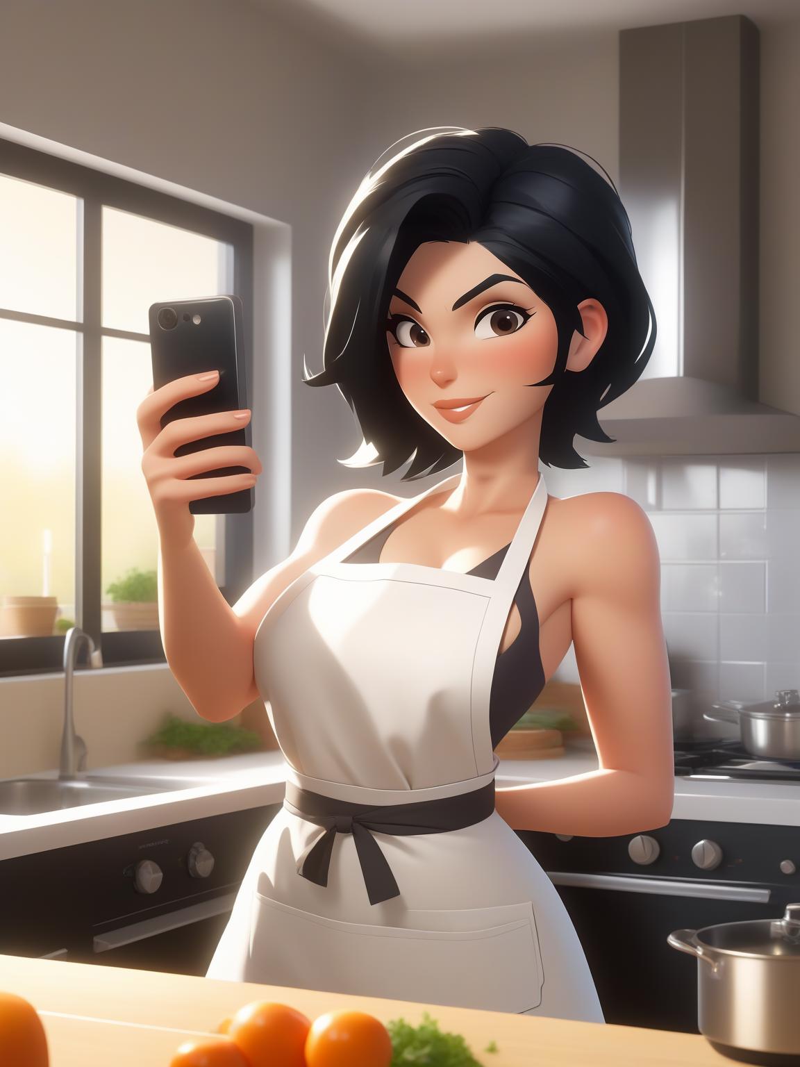 A close up of a person holding a cell phone in a kitchen - SeaArt AI