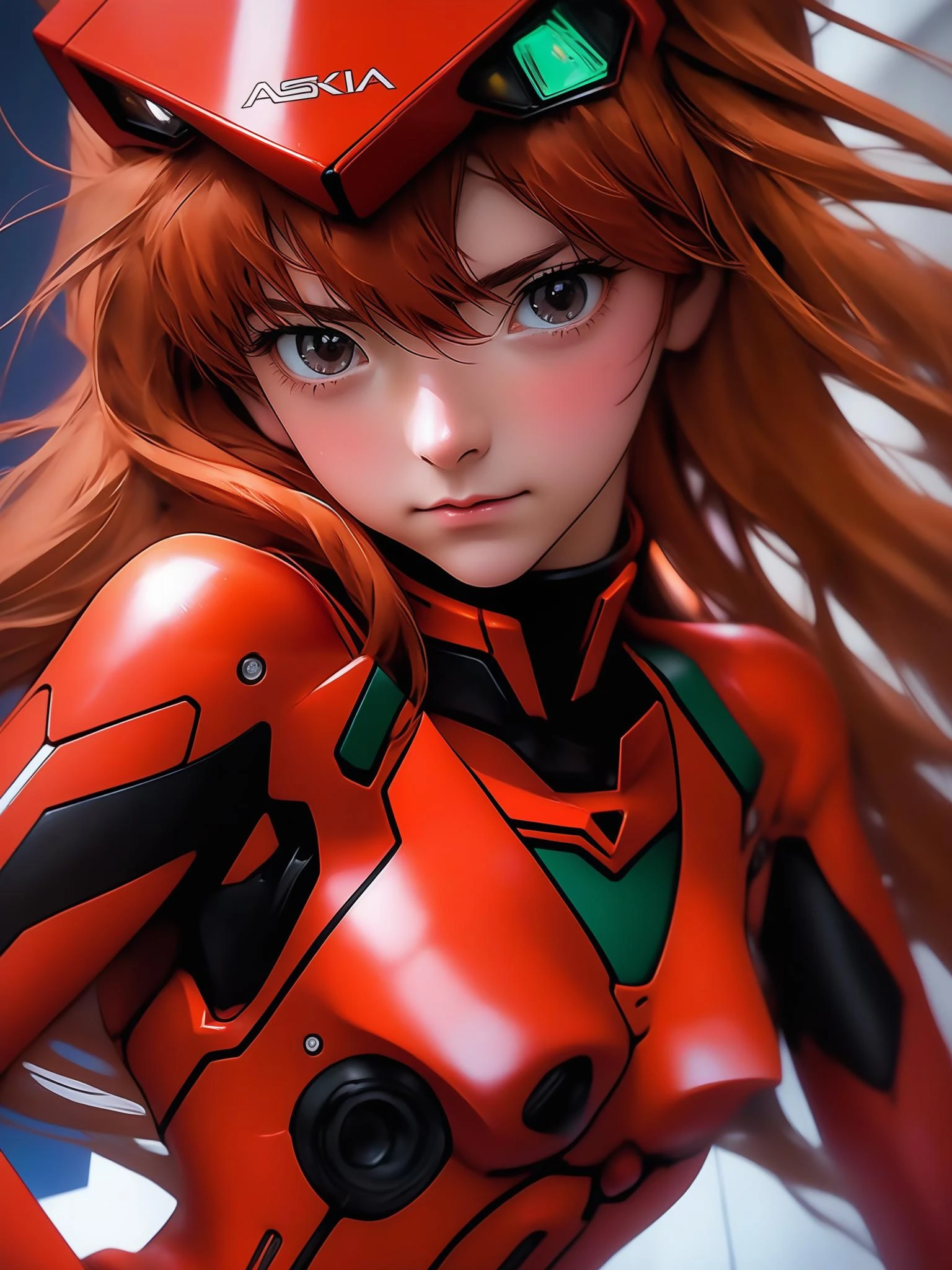 Close - up real - Live - action adaptation of a 3d character of Asuka Langley Soryu in plugsuit, NeonGenesis Evangelion cool expression