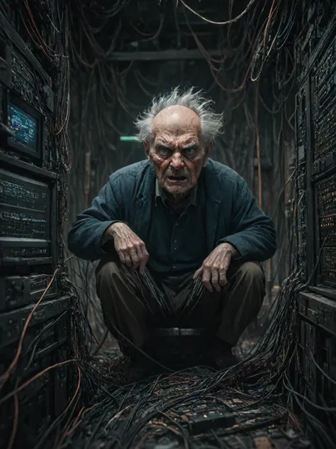 an old man sitting in a room with many wires