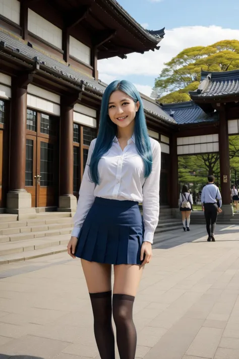 a woman with blue hair and a skirt standing in front of a building