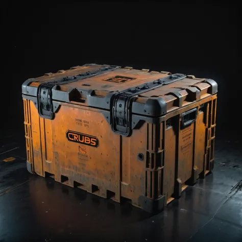 photo focus on military sturdy  crate box ,  with hydraulic metal lock, from above, science fiction, glowing cyberpunk, transluc...
