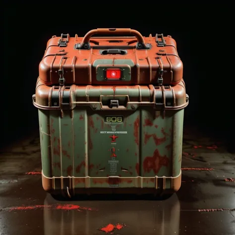 photo focus on military medkit , science fiction, glowing cyberpunk, translucent, <IteMaker>, black background, red theme , film, professional, 4k, highly detailed, grit, (rust:0.65), cracks, cracked surface, subtle messy, dust, weary, edges rusty dusty, surface scratches, peeled sun bleeched paint, smudges, crumbles, rugged, used
 biohazard-energy, 
 still life
<lora:IteMaker_SD_1.2:1>