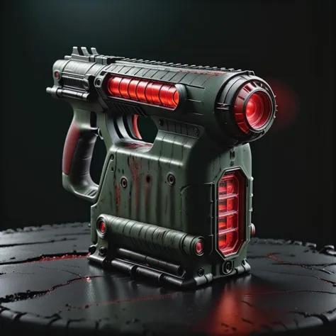 a close up of a toy gun with a red light on it