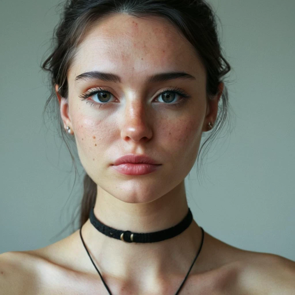 (Skin texture), Super high res closeup portrait photo of a woman wearing no makeup, wearing a small string choker around her neck,f /2.8, Canon, 85mm,cinematic, high quality, skin texture, looking at the camera,