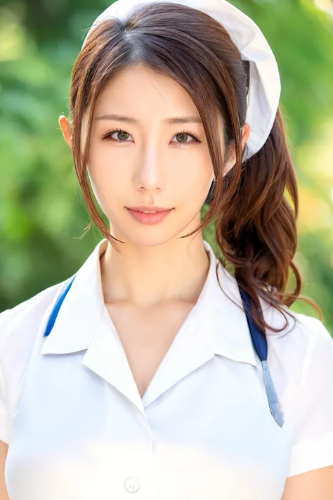 a close up of a woman in a white uniform posing for a picture