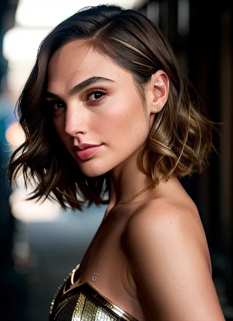 a close up of a woman with a gold dress posing for a picture