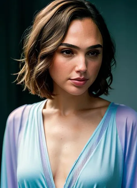 a close up of a woman in a blue dress posing for a picture