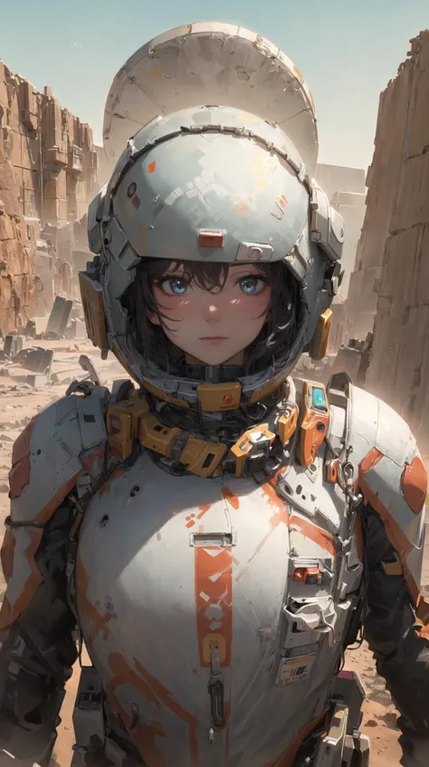 a close up of a person in a space suit on a desert