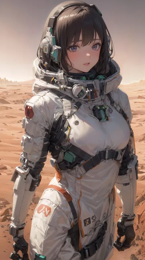 a woman in a space suit standing on a desert