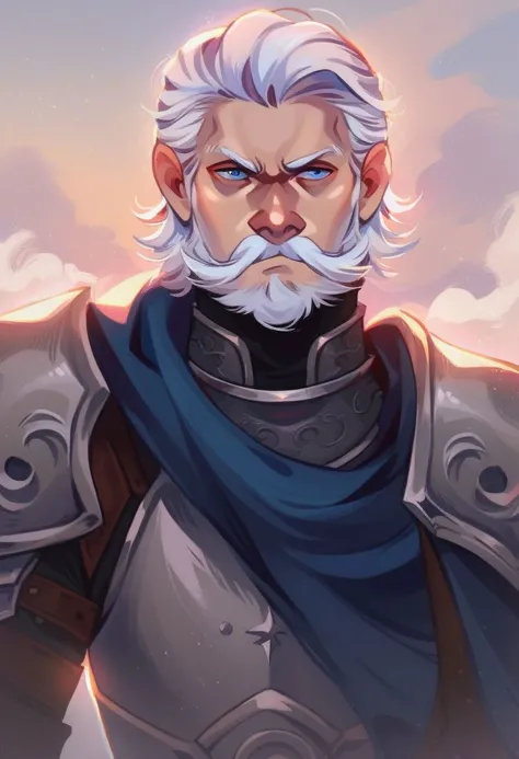 (score_9, score_8_up, score_7_up:1.2) BREAK 
1boy, upper body, white hair, medium hair, facial hair, mustache, blue eyes, hair slicked back, serious, closed mouth, shoulder armor, pauldrons, grey armor, blue cape, male focus, armor, solo, old man, breastplate, old, looking at viewer, wrinkled skin, manly, hair strand, arm armor, plate armor, cape, hair behind ear