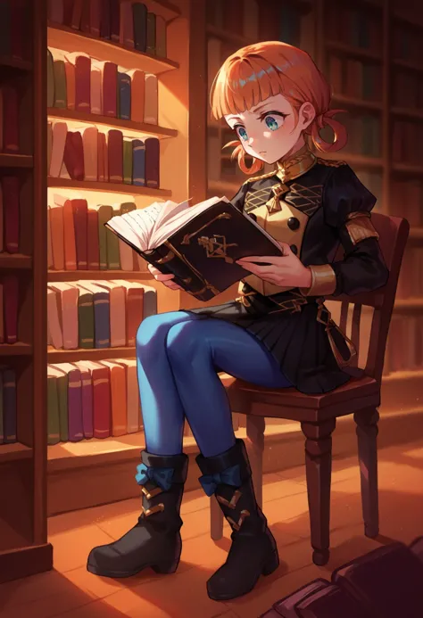 score_9, score_8_up,score_7_up,source_anime, dimly lit, dark,
BREAK
library,
BREAK
sitting on chair, reading book,
human female,defAnne, hair rings, short twintails, blunt bangs, black jacket, black skirt, blue pantyhose, black boots
<lora:annette-pdxl-nvwls-v1:1>  <lora:Numanoan_LoRA_XL_pony_art_style:0.65> <lora:Meggles_art_2400s_locon:0.7>