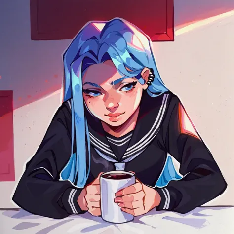 (score_9, score_8_up, score_7_up:1.2) source_anime break woman, black serafuku, piercing, holding coffee mug, light blue hair, v...